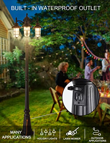 Cmrcozira Triple-Head Street Light With Outlet, Nautical Style Outdoor Post Light, Ip65 Outdoor Lamp Post Lights With Clear Seeded Glass, Outdoor Street Light Matte Black For Street, Garden, Driveway #TOP2