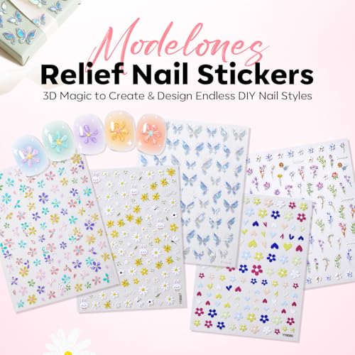 Image of modelones Flower Nail Stickers, 3D Embossed Colorful Floral Daisy Heart Bunny Nails Supplies Flower Nail Art Design for Spring Easter Manicure DIY Nail for Women & Kids 5Pcs