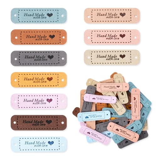 50 etiquetas hechas a mano para coser, etiquetas de cuero hechas a mano, etiquetas de piel hechas a mano con corazón de amor, etiquetas de cuero para coser para sombreros, ropa, tejer manualidades (10