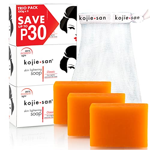 Kojie San Skin Lightening Kojic Acid Soap 3 Bars - 100g - with Soap Net