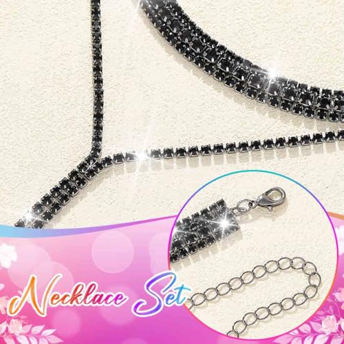 Atigy Silberne Halskette mit Strasssteinen Kristall Choker Halsketten lange funkelnde Halskette Schmuck für Damen (Schwarz)