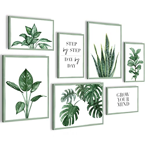 Set Cuadros Decorativos - COMPLETAMENTE LISTO PARA COLGAR - Imágenes - Hojas verdes - 7 Partes - N024071a