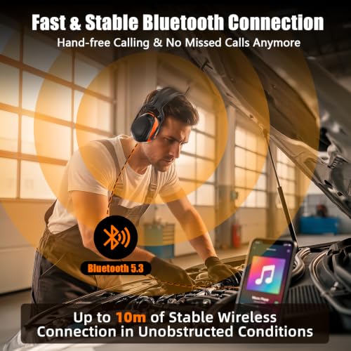 Image of Gardtech Bluetooth 5.3 AM /FM Radio Hearing Protection,29dB SNR Safety Earmuffs with Digital Display, Rechargeable Noise Cancelling Headphones for Mowing, Workshops and Snowblowing Orange