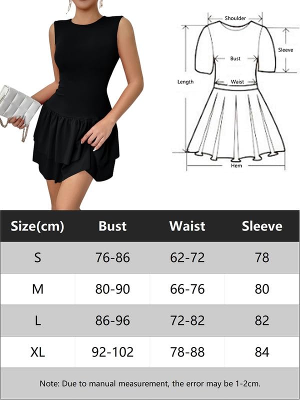Robe Sexy Femme sans Manches Col Rond Mini Robes Moulante d'Été Robe Courte de Soirée Chic et Elegant Bodycon Robes à Double Couche Volants pour Clubbing Cocktail Fête Party