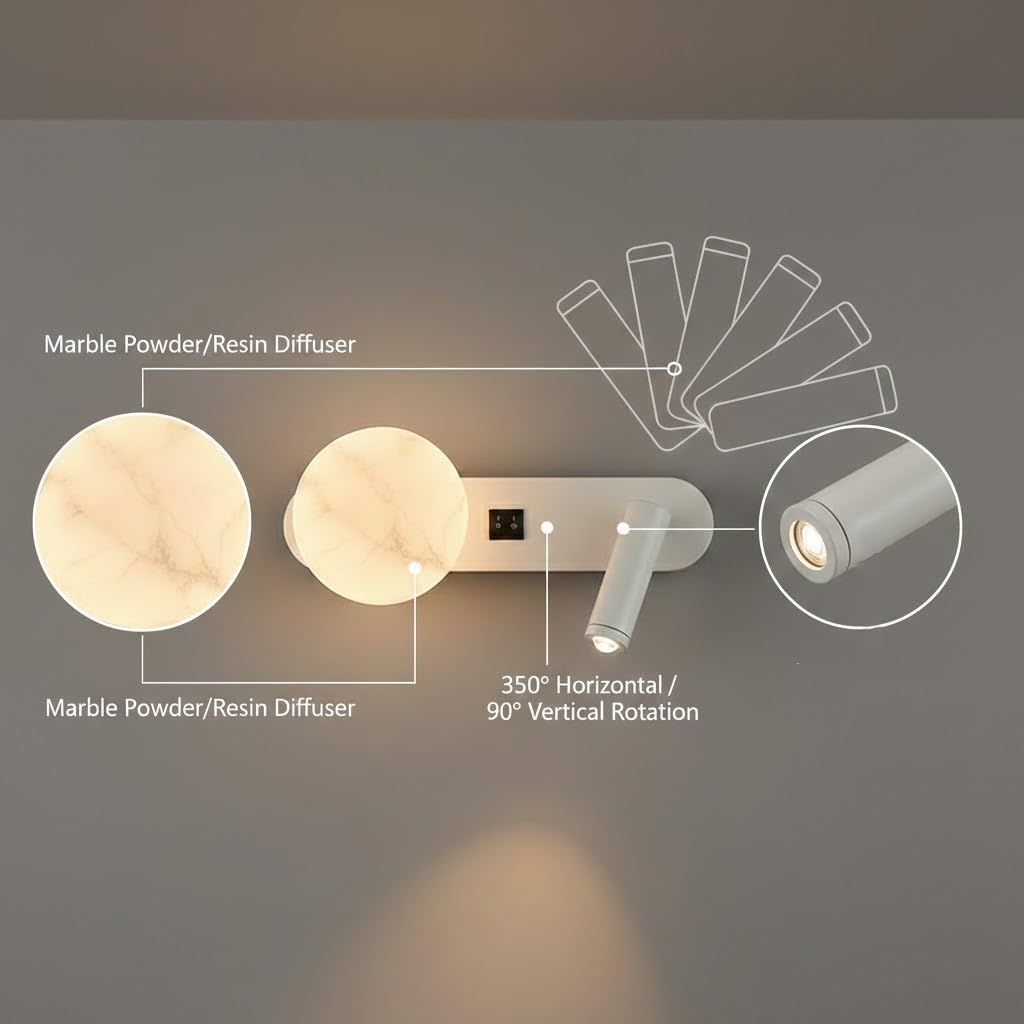 Reading Wall Sconce, Marble Spotlight Wall Lamp, 2 Light Fixture with 3 Color Dimming for Living Room, Hallway, Entryway, Black White Options, Loft, Study Corner, Foyer, Lobby Parlor