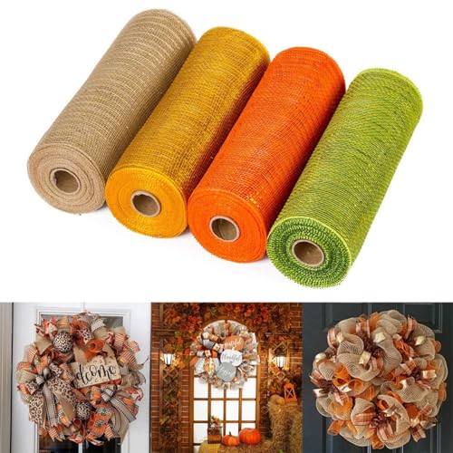 4 Rolls Poly Burlap DIY Deco Mesh 10Inch x 30 ft Decorative Mesh Ribbons for Wreaths Swags, Craft, Party Decor Christmas Tree Decorations DIY Making Supplies for Xmas Halloween Thanksgivings