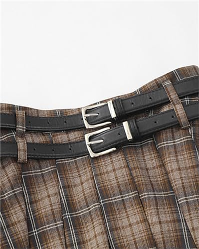 SANGTREE Women's Plaid Mini Skirt Double Belt Uniform Pleated Skirts3