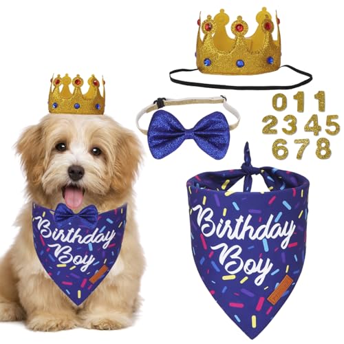 PTDECOR Dog Birthday Party Supplies, Birthday Boy Bandana Golden King Crowns with Numbers Puppy Blue Dog Bow Set for Small Dogs Pets (Small)