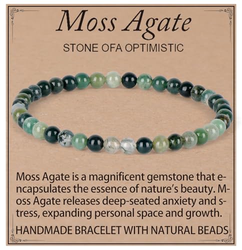 QOGIR Moss Agate Bracelet - Optimistic Bracelet for Women Men - Handmade Natural Gem Stone Beaded Stretch Elastic Healing Bracelets 4mm