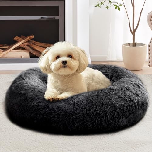 Image of JOLLYVOGUE Calming Small Dog & Cat Bed for Indoor Cats - 20 inches Washable Donut Bed for Kittens & Puppies, Anti-Anxiety Round Fluffy Plush Pet Beds (Fits up to 15 lbs, Black)