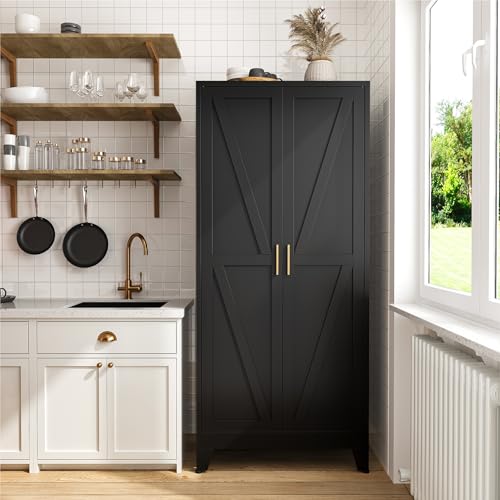 Image of COFaR 71 inch Modern Pantry Cabinet in Black, 5-Tier Storage Cabinet with Adjustable Shelves, Industrial Steel Cupboard for Kitchen, Office & Living Room Organization