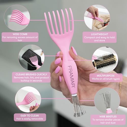 FRAMAR Premium Hair Brush Cleaner Tool – Hairbrush Cleaner Tool, Brush Cleaner Tool for All Types, Comb Cleaner – 2 in 1 Design Removes Hair & Build up Instantly – Pink - Image 3