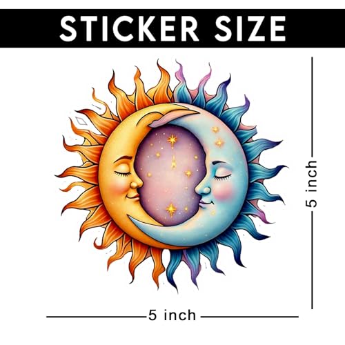 Image of Sun Moon Face Vinyl Waterproof Sticker Decal for Laptop Water Bottle Car Bumper Mystical Celestial Art Sticker 5 Inch