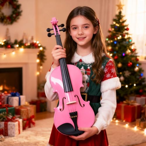 Aileen Geige 4/4 für Erwachsene Anfänger, Violine Set für Kinder ab 12 Jahre, Teenager Rosa Geige Einsteiger Kit Vollständig mit 13 Zubehör, Notenständer, Exklusive Neue Griffbrett Aufkleber