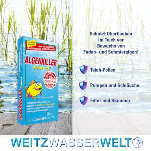 ALGENKILLER Protect® - Der Algenenferner für den Teich. Algen und Grünbelag abbau mit Synergieeffekt verbessert die Pumpen- und Filterleistung. Optimaler Oberflächenschutz mit Langzeitwirkung.