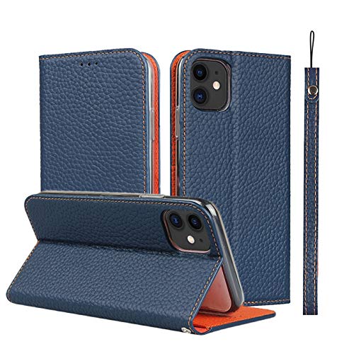Étui portefeuille en cuir véritable pour iPhone 11 haut de gamme finition litchi marine