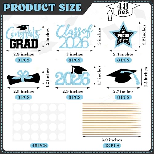 Image of 48 PCS Graduation Cupcake Toppers 2026, 6 Styles Grad Cupcake Toppers, Glittery Congrats Graduation Decor, Black and Sky Blue Cap and Diploma Cake Picks for Grad Decorations Party Supplies