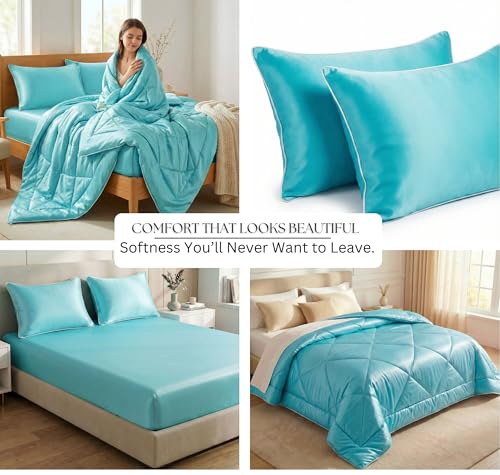 Image of SANMARINO 300 TC Satin Silk AC Comforter Set King Size Double Bed with 1 Fltted bedsheet & Two King Pillow Covers, 4 Pieces Bedding Set (90x100 inch & 72x78 inch, Light Blue)
