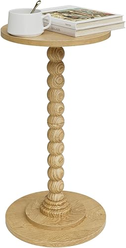Masupu Mesa auxiliar redonda, mesa auxiliar pequeña para espacios pequeños, mesa de bebida con pedestal con patas de madera maciza para sala de