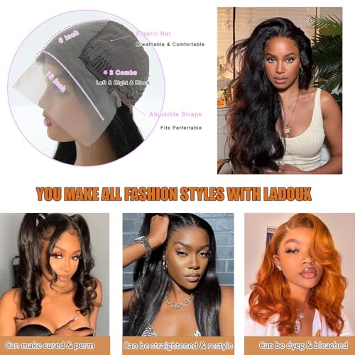 Ladoux 13X6 Lace Front Kinky Straight Wig Hd Transparent Yaki Straight Frontal Closure Human Hair Wigs For Women 20Inch 180% Density Glueless Wig Pre Plucked With Baby Hair thumb #6