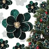 Craftsatin 12 Pcs Large Velvet Christmas Poinsettia Magnolia Flowers Ornaments Glitter Big Heads Artificial Magnolia Flowers for Decoration Wedding Decor Supplies(Dark Green)