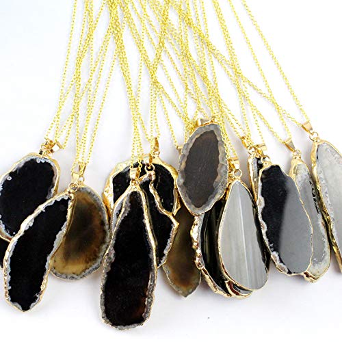 Natural Agate Stone Pendant Quartz Geode Irregular Slice Pendant Necklace For Women Girls Christmas Birthday Gift (With Chain,5Pcs Black) #TOP10