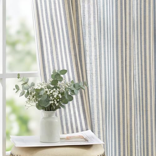 jinchan Linen Curtains for Living Room Blue on Beige Striped Curtains for Bedroom Ticking Stripe...