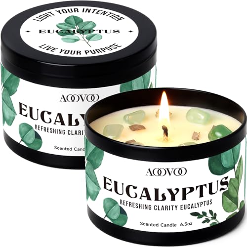 Image of AOOVOO 2 Pack Eucalyptus Mint Candles - Aromatherapy Candle with Crystals & Eucalyptus Leaves, 13oz 100 Hours Long Lasting, Non Toxic Soy Candle for Home Spa Relaxation Meditation Yoga