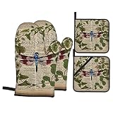 Vintage French Dragonfly Oven Mitts and Pot Holders Sets 4 Pcs Set, Heat Resistant Soft Cotton Linin