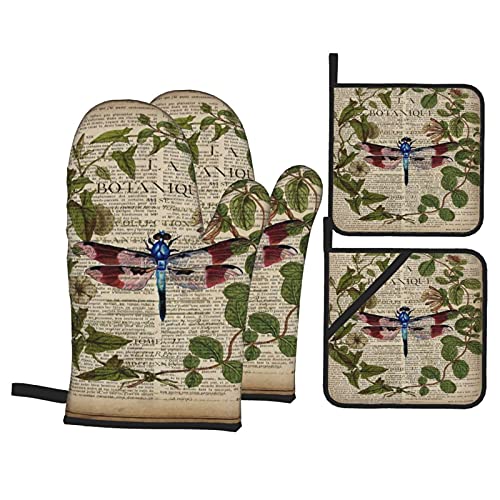Vintage French Dragonfly Oven Mitts And Pot Holders Sets 4 Pcs Set, Heat Resistant Soft Cotton Lining With Non-Slip Surface Oven Gloves For Kitchen Cooking Baking Bbq #TOP6