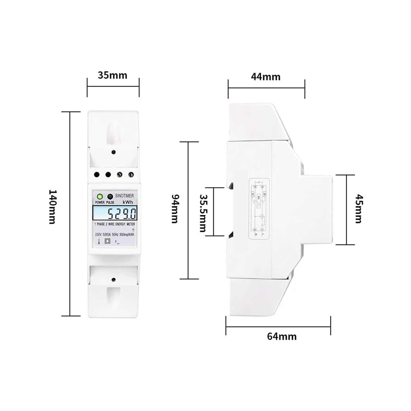 Contatore di energia su Guida DIN monofase a 2 Fili Elettrico con retroilluminazione CA 230 V 5-80 A