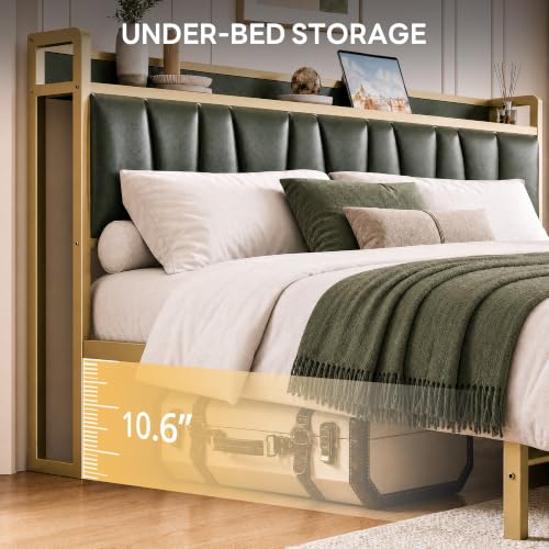 Image of LIKIMIO California King Size Bed Frame with 2 Drawers and Charging Station | Platform Bed with Upholstered Storage Headboard, No Box Spring Needed, Easy Assembly, Sturdy, Green
