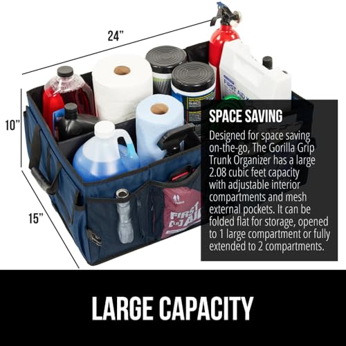 Image of GORILLA GRIP Trunk Organizer for SUV and Cars, Large Capacity, Blue | Heavy Duty Car Trunk Storage Organizer, Collapsible, SUV Accessories, Slip and Water Resistant, Multi Compartment Storage