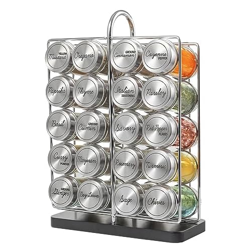 Orii 20 Jar Spice Rack Stainless Steel Filled with Spices – Standing Rack Shelf Holder & Countertop Spice Rack Tower Organizer for Kitchen Spices with Spice Refills for 5 Years