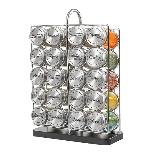Orii 20 Jar Spice Rack Stainless Steel Filled with Spices - Standing Rack Shelf Holder & Countertop Spice Rack Tower Organizer for Kitchen Spices with Free Spice Refills for 5 Years