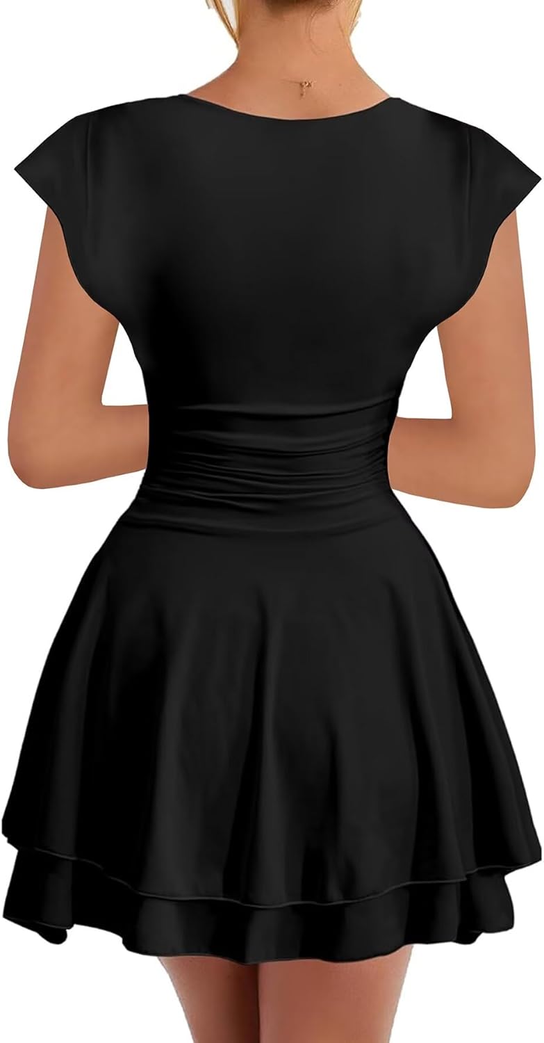 Neyaolk Women's Cap Sleeve Square Neck Ruffle Hem Mini Dress Ruched Waist Short Cocktail Party Dresses