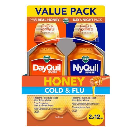 Vicks DayQuil and NyQuil Severe Cold & Flu, Honey, Liquid Over-the-Counter Medicine, 2x12 Oz