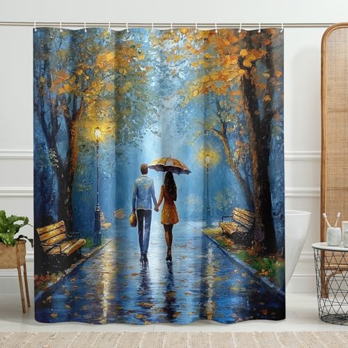 Cortina de ducha romántica con paraguas, colores otoñales, decoración para baño, acogedora cortina de ducha de tela impermeable moderna con ganchos, 62 x 72 pulgadas
