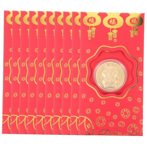 HIAKDOFT 10個年春節用紙製お年玉袋 龍年デザイン 干支飾り入り 紙製赤封筒 祝儀袋 お収納用おしゃれポチ袋