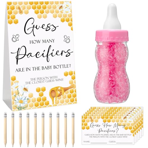 Image of Roowest 512 Pcs Baby Shower Games Guess How Many Pacifiers Sign 100 Small Guessing Games 10 HB Pencils 750ml Milk Bottle 400 Acrylic Pacifiers Decoration for Guest Gender Reveal(Pink,Bee)