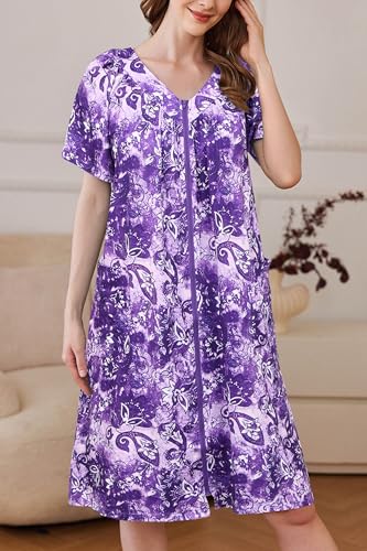 Image of Ekouaer Women Robe Zipper Front Mumu Duster Robes Zip Up Housecoat Soft Sleepwear with Pockets
