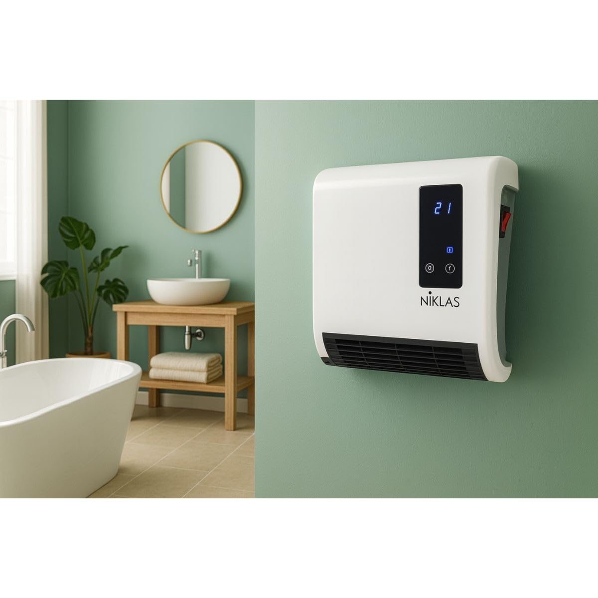 NIKLAS - Termoventilatore caldobagno stufa elettrica a parete 2000 W Trendy Digital Niklas, Radiante