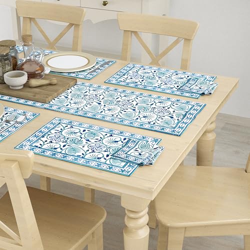 Image of BLOCKS OF INDIA Hand Block Printed Cotton Table Runner, Mat and Napkin Set of 13 pc for Center /Dining Table (Blue Green Jaal)