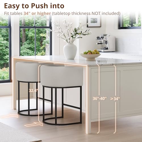 Image of LUE BONA Counter Height Bar Stools Set of 6, Modern Barrel Counter Stools with Backrest and Arms, Black Metal Frames, Linen Fabric Upholstered Accent Barstools for Kitchen Island, Light Gray