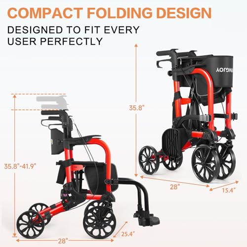 Image of Foldable Rollator Walker with Seat for Seniors & Adults Lightweight 2-in-1 Walker and Wheelchair Combo Adjustable Handle Height Transport Chair with Brakes 300 lbs Weight Capacity