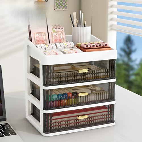 Image of HoopVool Desk Makeup Organizer, Plastic Storage Box with Sliding Drawer, Stylish Display Case for Cosmetics, Lotion, Nail Polish, Brushes, and Jewelry, 3-Layer, White