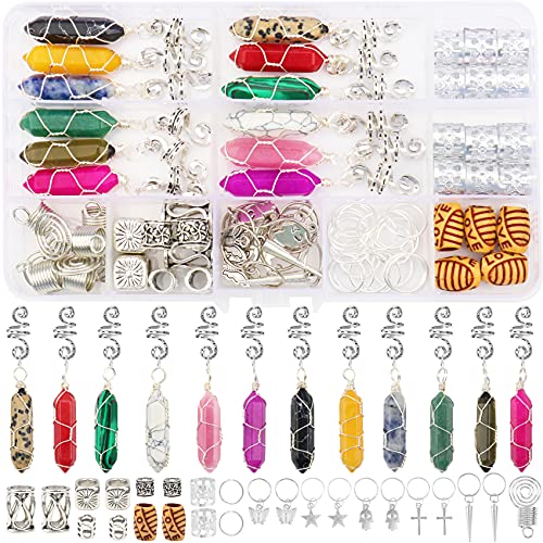 72 PCS Dreadlocks Jewelry Handemade Crystal Wire Wrapped Braids Hair Accessories Hair Tube Beads Hair Cuffs Hair Pendants Hair Coils Hair Rings Imitation Wood Beads for Hair Decoration (Silver)