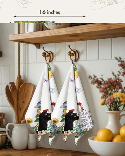 Image of Miss Adola 2pcs Waffle Kitchen Towels - 16x26 Inch Cotton Waffle Weave Dish Cloths Set of 2 with Hanging Loop Absorbent Hand Tea Towels Cute Design for Housewarming Gift, Cat in Flowers