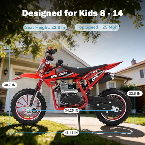 Image of 50cc 4 Stroke Dirt Bike for Kids 8-14,Gas Powered Dirt Bike with No Oil Mixing,Front&Rear Disc Brakes,Kids Dirt Bike with Inverted Fork Suspension,Pull Start,40MPH