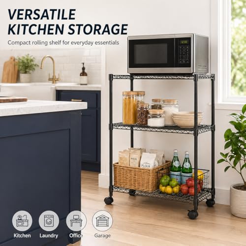 Image of Simple Deluxe 3-Tier Heavy Duty Adjustable Storage Shelf with Wheels, 23.23 inchW x 13.39 inchD x 30.31 inchH, Mobile or Stationary Metal Shelving Unit, Easy Assembly for Kitchen, Pantry, Laundry Room, Black